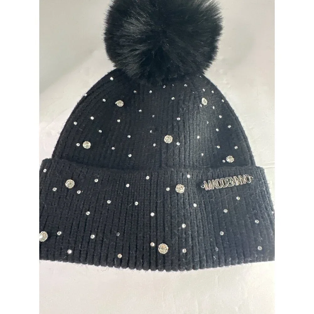 Madden NYC Women’s Beanie Ribbed Fleece Winter Hat Pom Pom Faux Fur Black Y2K